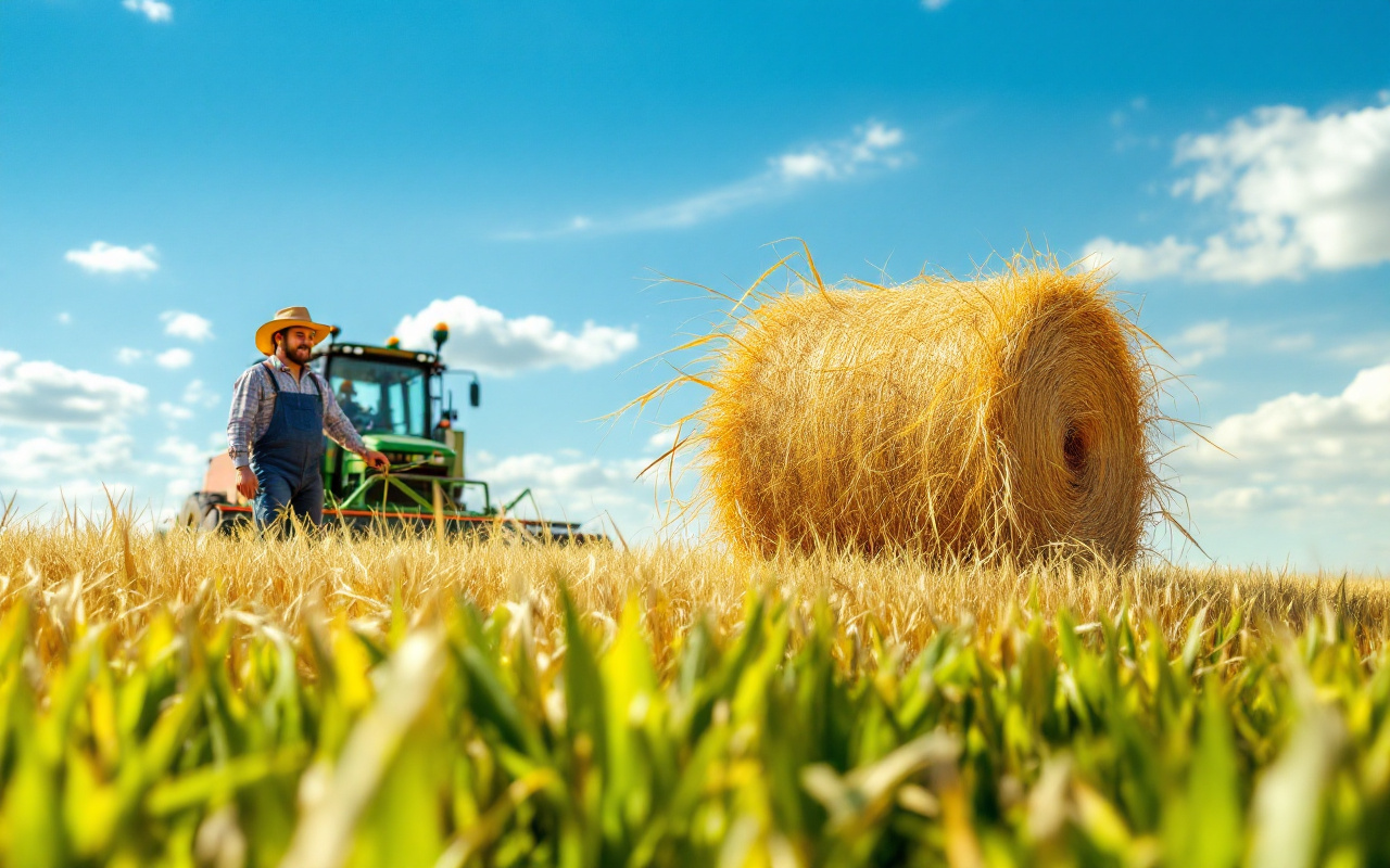 un-fermier-utilisant-une-presse-a-balles-dans-un-champ-dore-entoure-dune-herbe-verte-vibrante-et-sous-un-ciel-bleu-illustrant-la-vie-rurale
