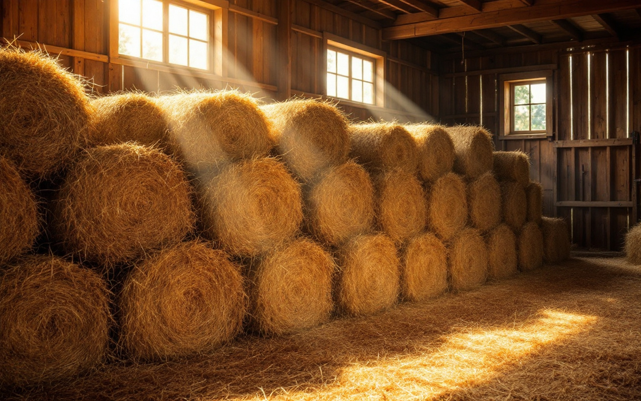Vue d'un foin en botte soigneusement entassé dans une grange, baigné de lumière dorée et chaleureuse, avec des rayons de soleil filtrant à travers les poutres en bois.