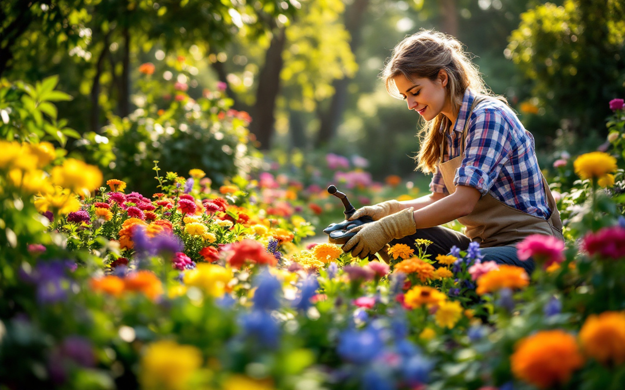 un-paysagiste-travaillant-dans-un-jardin-vibrant-entoure-de-fleurs-colorees-et-de-verdure-luxuriante-sous-un-soleil-eclatant
