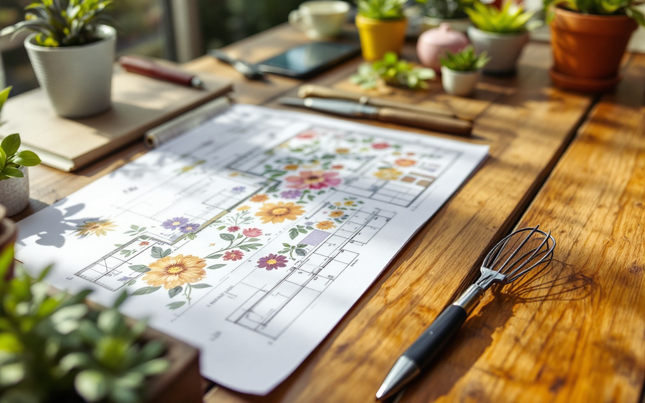 Un plan de jardin posé sur une table en bois, avec des croquis floraux colorés et des notes de conception, accompagné d'outils de jardinage et de petites plantes, éclairé par une lumière naturelle brillante.