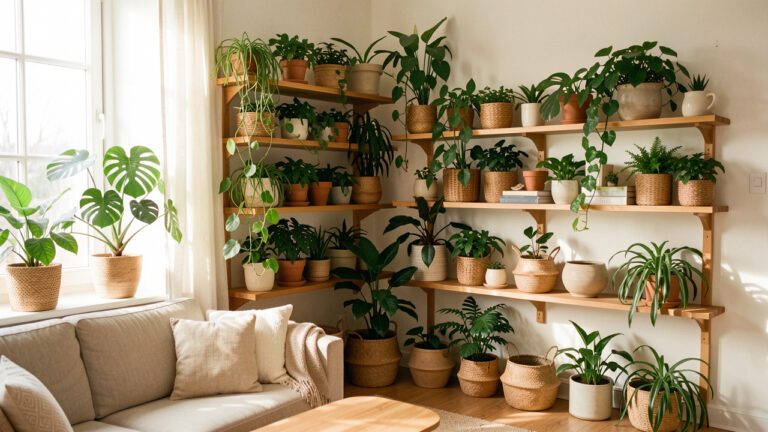 Coin de salon lumineux décoré de plantes vertes variées, d’étagères en bois et de cache-pots naturels.