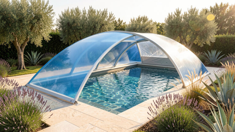 Piscine enterrée contemporaine dans un jardin paysagé, avec une moitié recouverte d’une bâche à bulles bleue et l’autre équipée d’un volet discret, entourée d’une terrasse en pierre et de végétaux méditerranéens.