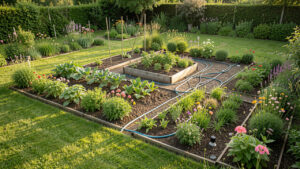 Jardin familial vu en légère plongée avec pelouse, potager, massifs fleuris et réseau d’arrosage automatique en cours d’installation, éclairé par une douce lumière matinale.