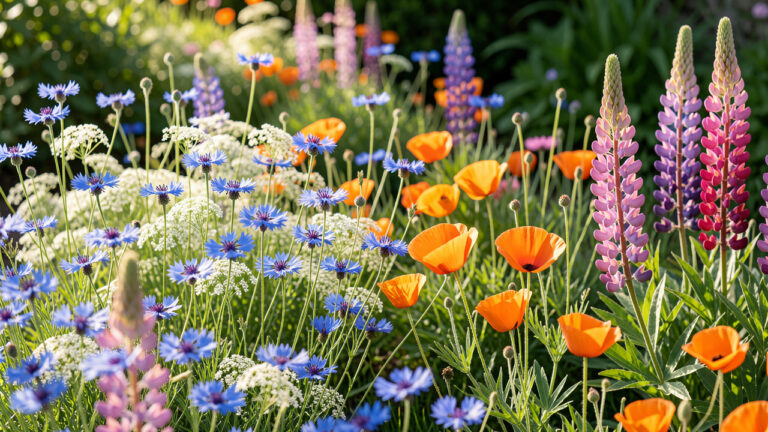 Massif printanier naturel composé de bleuets, de nigelles de Damas, de pavots de Californie et de lupins dans un jardin lumineux.