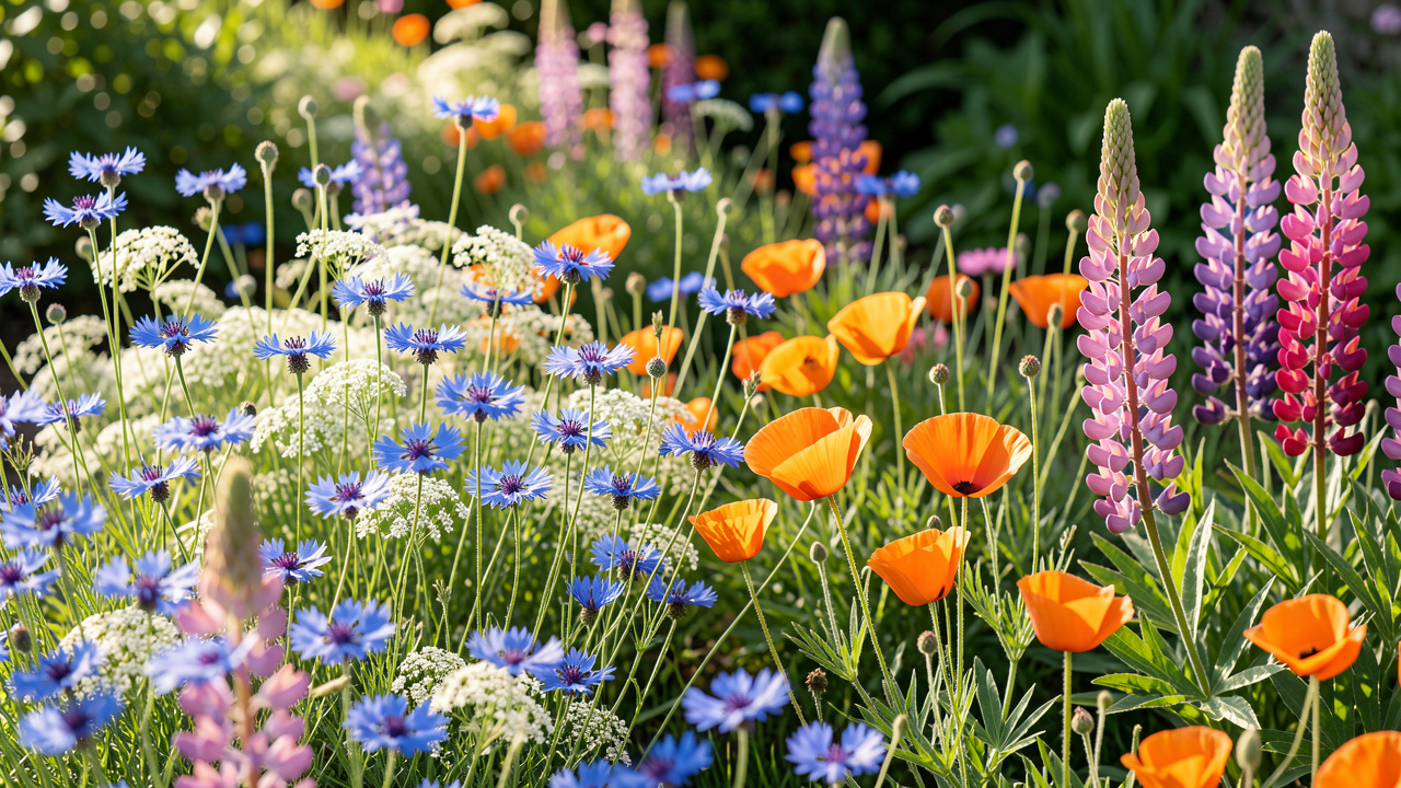 Massif printanier naturel composé de bleuets, de nigelles de Damas, de pavots de Californie et de lupins dans un jardin lumineux.