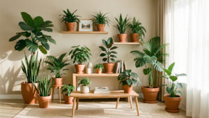 Salon lumineux décoré de sept plantes d’intérieur graphiques dans des pots en terre cuite, avec une ambiance élégante et contemporaine.