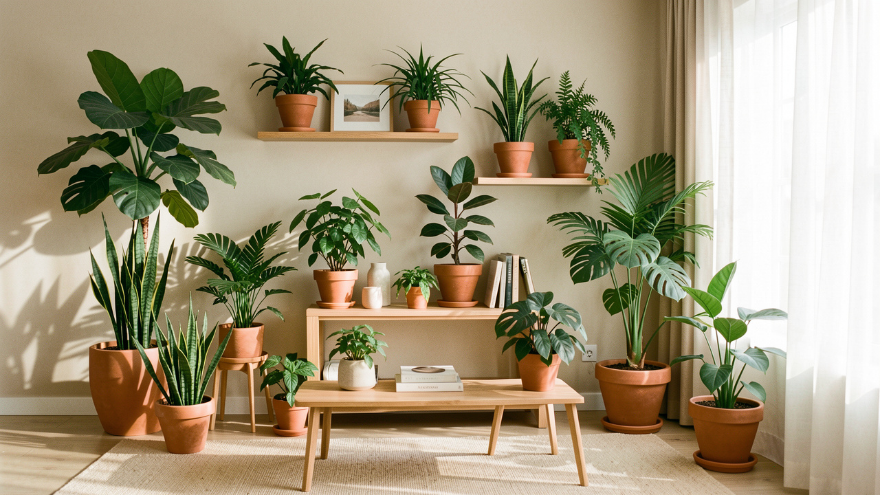 Salon lumineux décoré de sept plantes d’intérieur graphiques dans des pots en terre cuite, avec une ambiance élégante et contemporaine.
