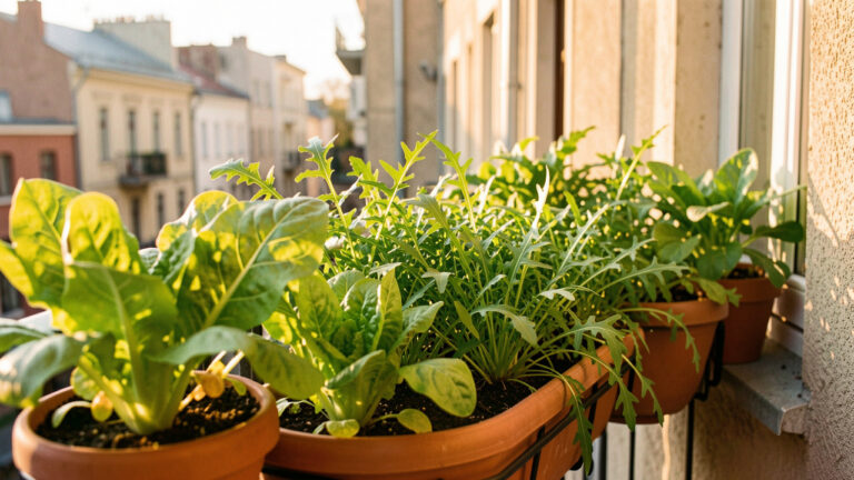 Balcon urbain lumineux en septembre avec des jardinières abondantes de laitues à couper, de mâche et de roquette dans une ambiance automnale naturelle.