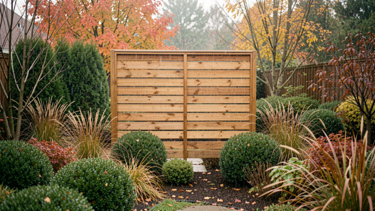Claustra en bois naturel dans un jardin paysagé sous une légère pluie d’automne, avec une végétation soigneusement préparée avant l’hiver.