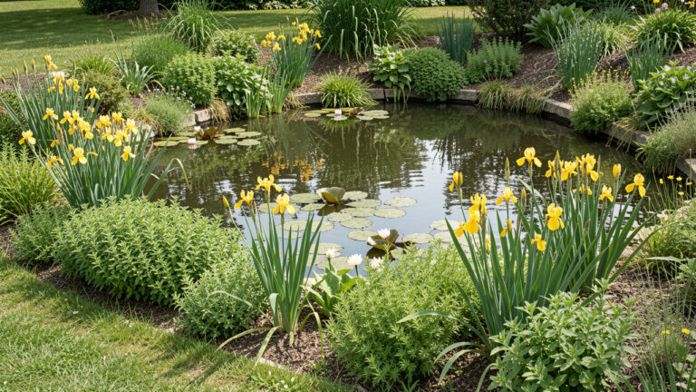 Étang naturel dans un jardin paysagé, bordé de berges douces plantées d’iris des marais, de menthe aquatique et de nénuphars sous une lumière printanière réaliste.