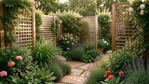 Jardin intime composé de plantes luxuriantes, de claustras en bois et de petits espaces paisibles à préserver.