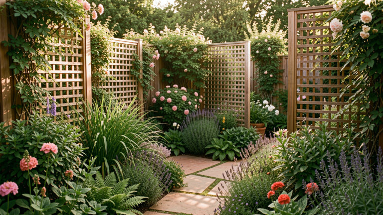 Jardin intime composé de plantes luxuriantes, de claustras en bois et de petits espaces paisibles à préserver.