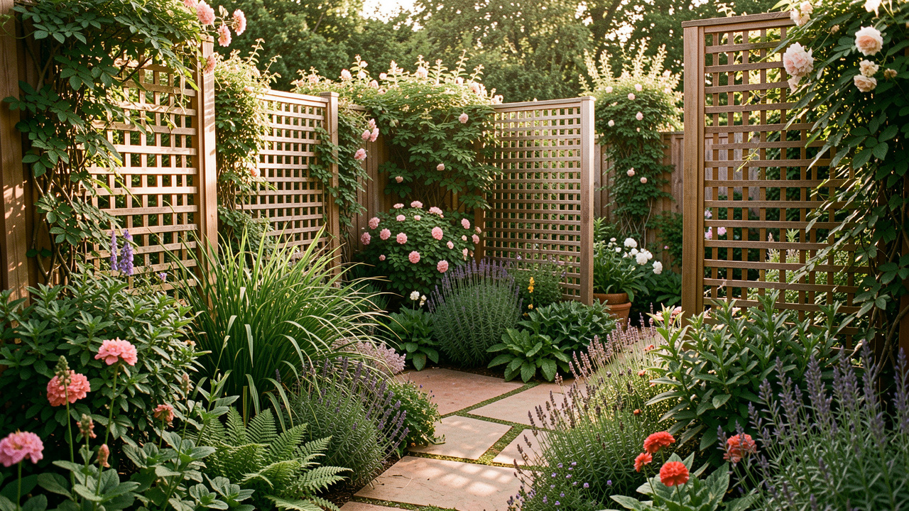 Jardin intime composé de plantes luxuriantes, de claustras en bois et de petits espaces paisibles à préserver.