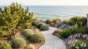 Jardin littoral vendéen contemporain planté de tamaris, santolines, immortelles et agapanthes sur un sol sableux paillé de gravier, avec vue sur l’océan sous une lumière estivale naturelle.