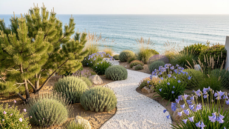 Jardin littoral vendéen contemporain planté de tamaris, santolines, immortelles et agapanthes sur un sol sableux paillé de gravier, avec vue sur l’océan sous une lumière estivale naturelle.