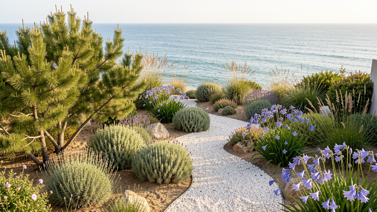 Jardin littoral vendéen contemporain planté de tamaris, santolines, immortelles et agapanthes sur un sol sableux paillé de gravier, avec vue sur l’océan sous une lumière estivale naturelle.