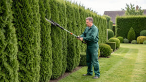 Jardin résidentiel avec une haute haie dense de thuyas, tandis qu’un jardinier utilise un taille-haie sur perche depuis le sol à la lumière naturelle.