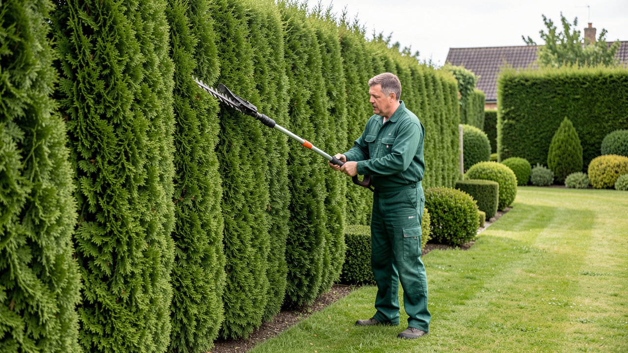 Jardin résidentiel avec une haute haie dense de thuyas, tandis qu’un jardinier utilise un taille-haie sur perche depuis le sol à la lumière naturelle.