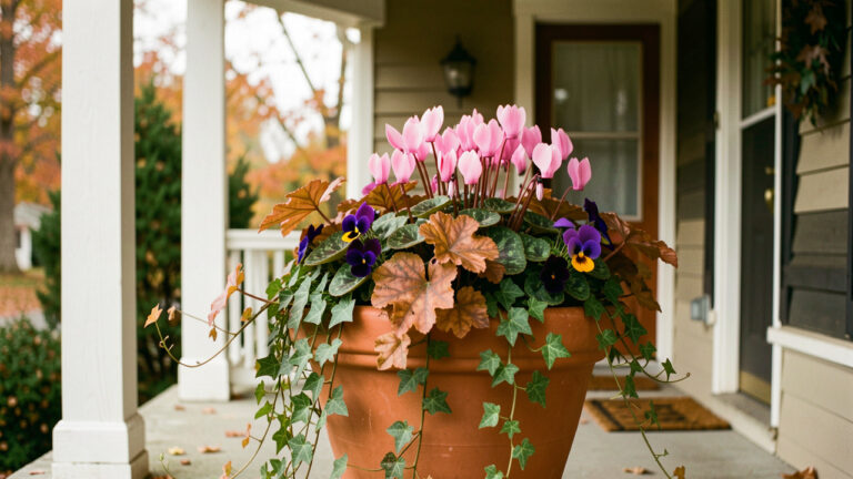 Porche de maison ombragé en automne avec une grande potée de cyclamens roses, de pensées violettes, d’heuchères cuivrées et de lierre retombant, baignée d’une lumière douce.