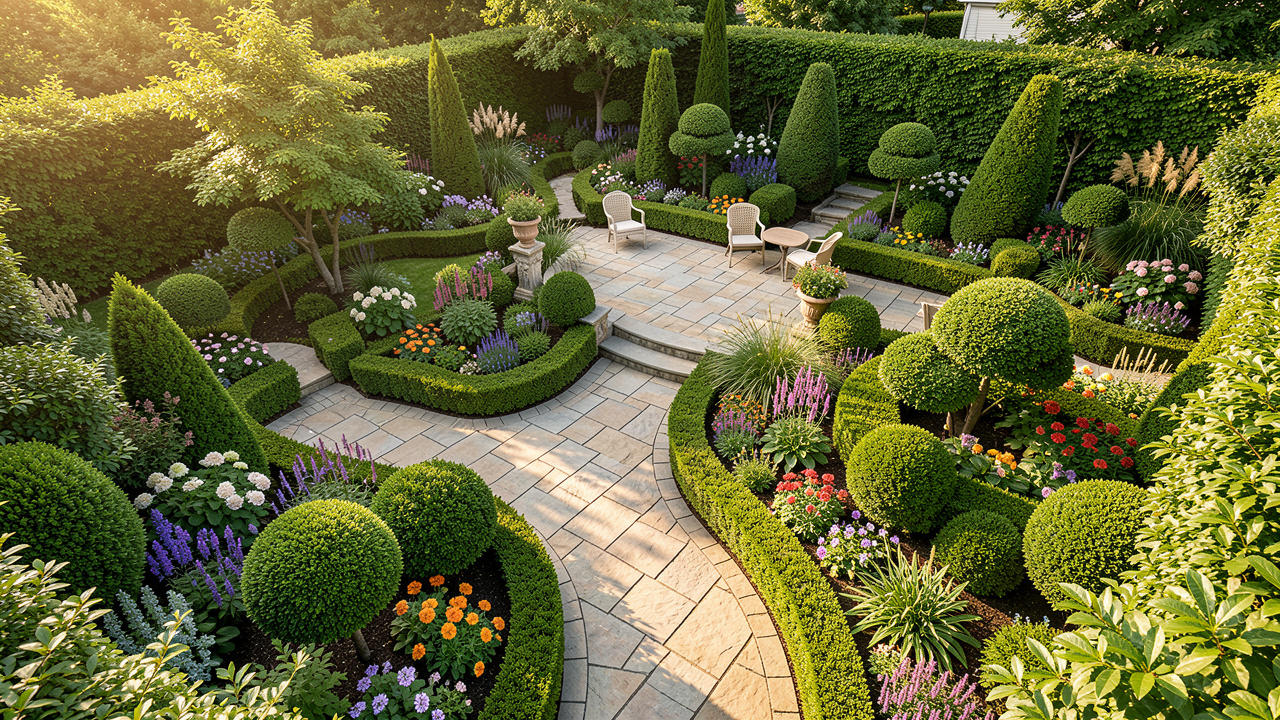 Vue d’ensemble d’un jardin paysager harmonieux avec terrasse, allée sinueuse, massifs fleuris et arbustes soigneusement structurés.