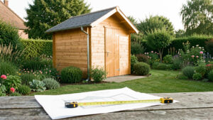 Abri de jardin en bois à toiture à deux pans et gouttière dans un jardin français, avec un plan de masse et un mètre ruban au premier plan.