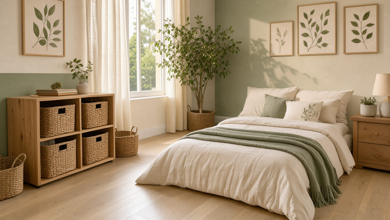 Chambre d’enfant lumineuse inspirée du jardin, avec meubles en bois clair, couleurs végétales, paniers tressés et illustrations botaniques.