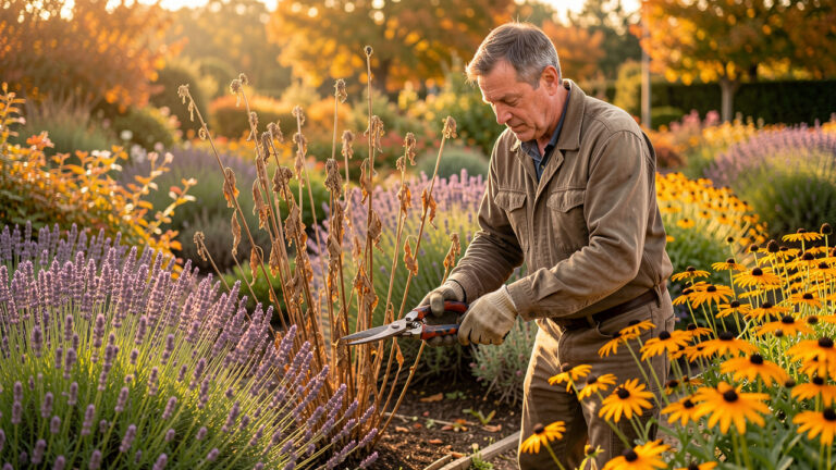 Un jardinier taille des vivaces sèches au sécateur dans un jardin d’automne lumineux, entouré de massifs de lavande et de rudbeckias.