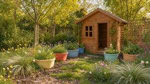 Jardin familial naturel avec une cabane en bois, des jardinières colorées adaptées aux enfants et une végétation douce baignée par la lumière printanière.
