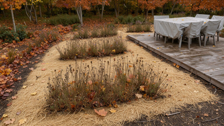Jardin québécois en automne avec des vivaces paillées, des feuilles rassemblées et du mobilier extérieur couvert.