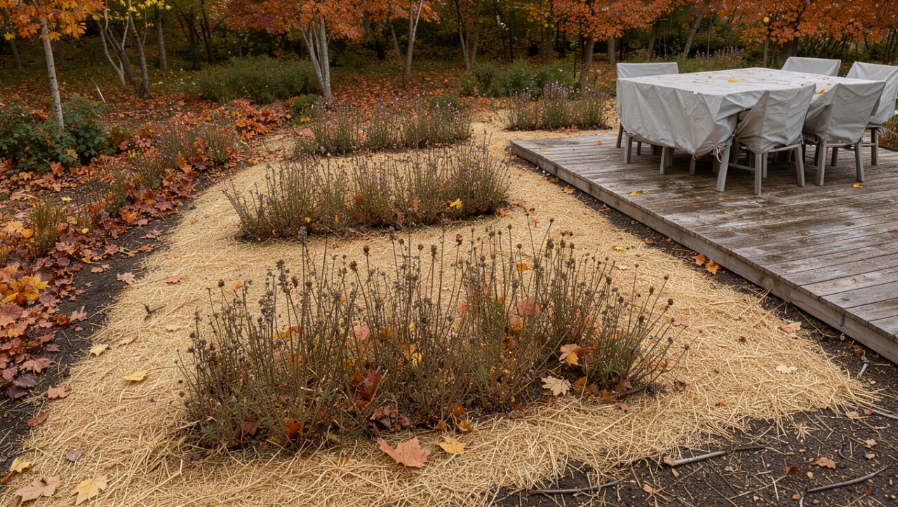Jardin québécois en automne avec des vivaces paillées, des feuilles rassemblées et du mobilier extérieur couvert.