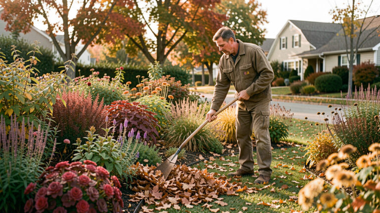 Un jardinier ramasse des feuilles colorées au râteau dans un jardin résidentiel entouré de vivaces et d’arbustes, sous une douce lumière de fin d’après-midi.