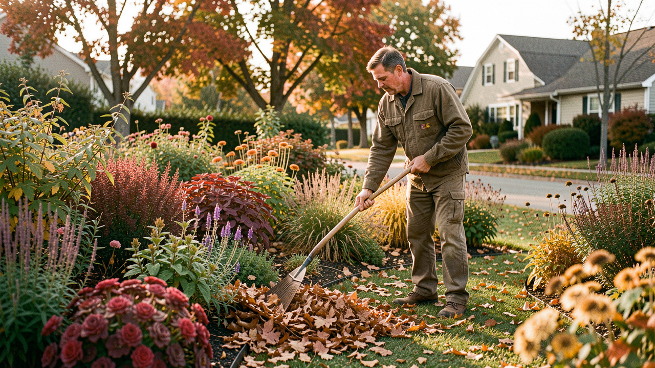 Un jardinier ramasse des feuilles colorées au râteau dans un jardin résidentiel entouré de vivaces et d’arbustes, sous une douce lumière de fin d’après-midi.