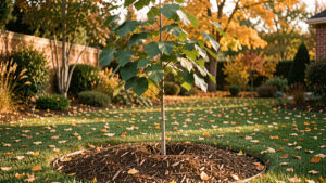 Jeune catalpa planté dans un jardin familial en automne, entouré de paillage organique et éclairé par une douce lumière de fin de journée.