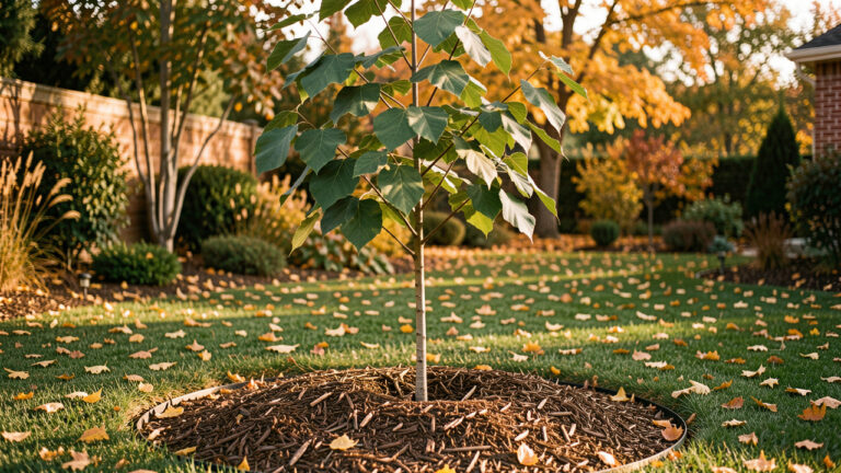 Jeune catalpa planté dans un jardin familial en automne, entouré de paillage organique et éclairé par une douce lumière de fin de journée.