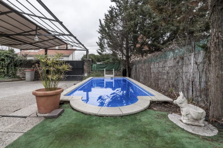 Petite piscine aménagée dans un jardin étroit entouré de plantes et de clôtures
